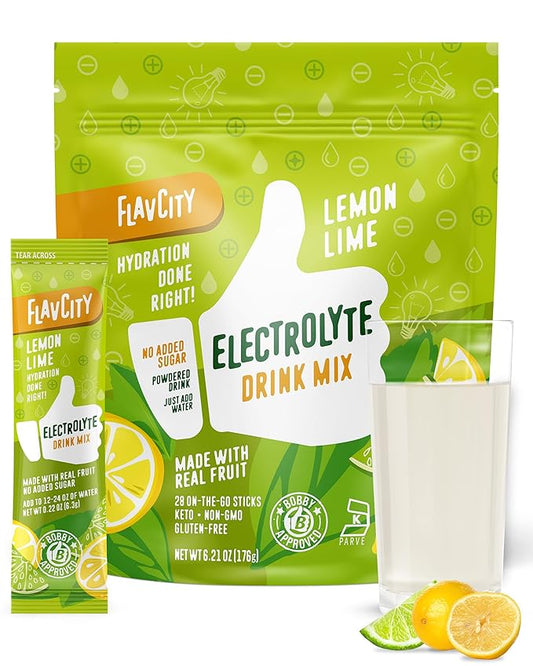 FlavCity Lemon Lime Electrolytes Powder Packets - 28 Hydration Packets - No Added Sugar - Hydration Powder with Real Fruit & Unrefined Sea Salt - Keto & Gluten-Free (28 Stick Packs)