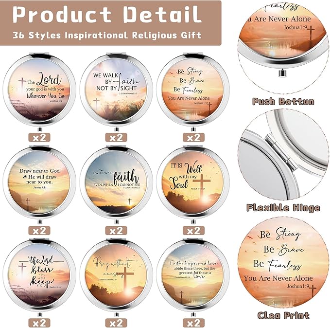 36 Pcs Christian Compact Mirrors Gifts for Women Bulk Religious Pocket Mirror with Bible Verse Inspirational Scripture Quote Church Group Party Favors for Mother Teacher Nurse Friends