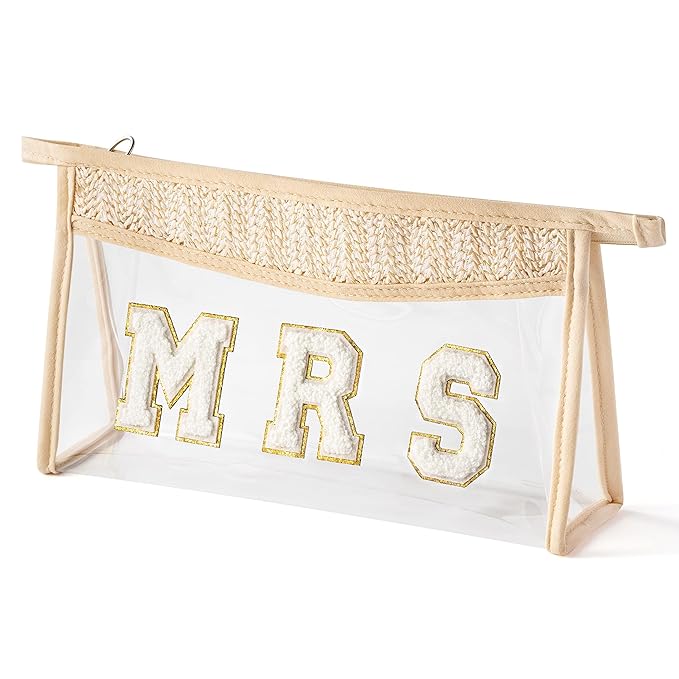 Boho Patch Cosmetic Bag - Summer MRS Chenille Varsity Letter Toiletry Bag Beige Clear Waterproof Travel Makeup Pouch PVC Zipper Clutch Daily Use Purse Summer Beach Gifts for Women Girls