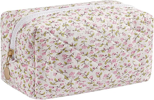 Makeup Bag Travel Cosmetic Bag for Women Girls, Zipper Make Up Pouch, Floral Flowers Toiletry Organizer Makeup, Portable Storage Cosmetic Travel Cloth Bag (Pink Floral)