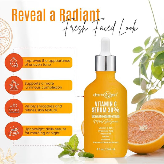30% Vitamin C Serum (8 Fl Oz) Pure Organic Anti- Wrinkle + Hyaluronic Acid + Retinol + Vitamin E + Vitamin B, Facial Serum For Anti-aging, Wrinkles, And Fine Lines.