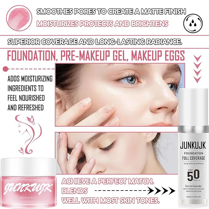 Color Changing Foundation Set,Flawless Liquid Foundation Full Coverage with Makeup Base Gel & Makeup Sponge Egg