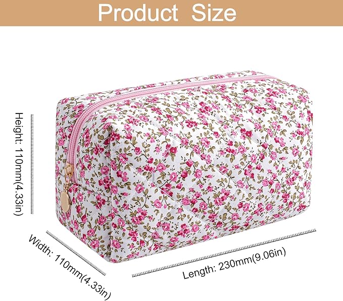 Makeup Bag Travel Cosmetic Bag for Women Girls, Zipper Make Up Pouch, Floral Flowers Toiletry Organizer Makeup, Portable Storage Cosmetic Travel Cloth Bag (Blue Floral+Flower-Red)