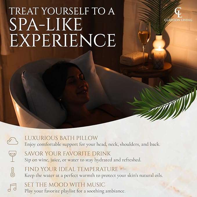 Luxury Bath Pillow for Tub - Thick and Comfortable Bathtub Pillow Support for Head and Neck and Back - Washable Quick-Drying Bath Pillows - Bath Cushion for Home Spa - Fits Any Bathtub - White
