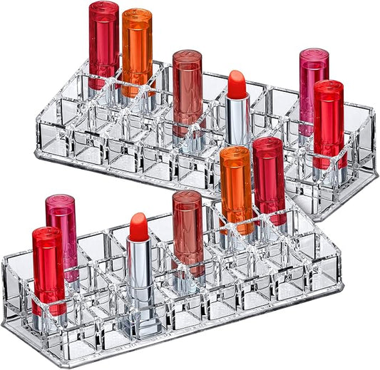 Amazing Abby - Glamour - 2-Pack 24-Slot Acrylic Lipstick Organizer, Lipstick Holder, Lip Gloss Holder, Cosmetic Storage Display, Perfect Storage Solution for Drawer and Vanity (Slot Size: 0.9" x 0.9")