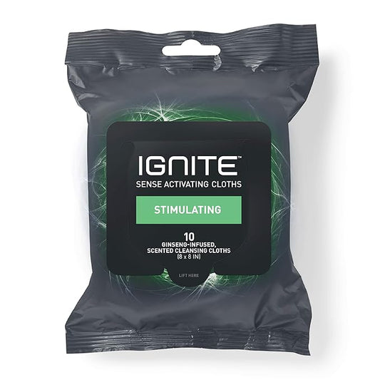 Ignite Mens Body Wet Wipes, Extra Thick 8" x 8" Shower Wipes, Stimulating Scent, 10 Count