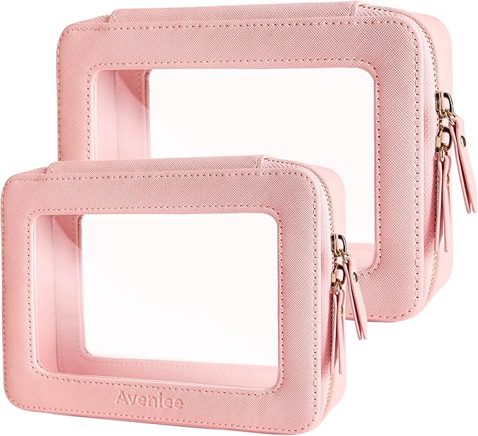 Aveniee Clear Makeup Bag Organizer, Portable Travel Toiletry Cosmetic Bag Case for Women, Heavy Duty Vegan Leather Make Up Pouch Car Bag for Essentials 2pcs(Middle & Large) - Pink