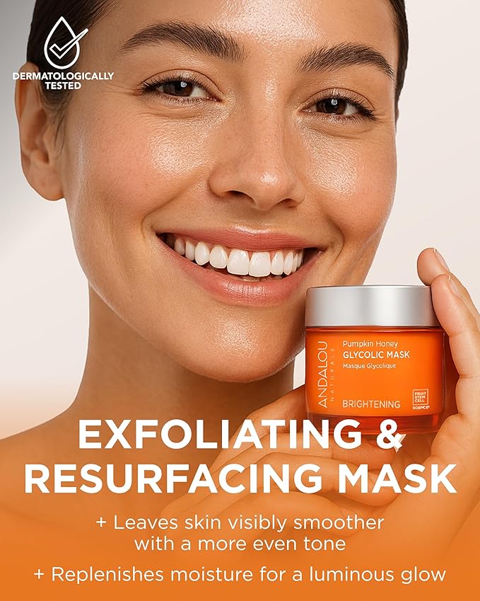 Andalou Naturals Pumpkin Honey Glycolic Mask (NEW FORMULA) - Exfoliating Face Mask with Glycolic Acid, Vitamin C for a Radiant Glow - Gentle Exfoliant Removes Dirt & Dry Skin Cells - 1.7 fl oz