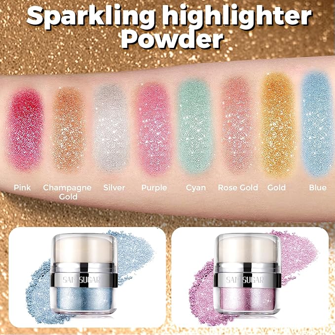 Body Shimmer Powder, 2PCS Glitter Highlighter Powder for Face, Liquid Highlighter Blush Body Glow Shimmer Powder Fairy Brightening Makeup Stick for Eyes, Hair (2, Purple/Blue, 32 g)