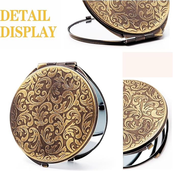 Retro metal compact travel mirror 1x/2x magnification compact portable foldable, used as a compact magnifying glass for wallets and pockets, distortion free folding portable compact mirror (bronze)