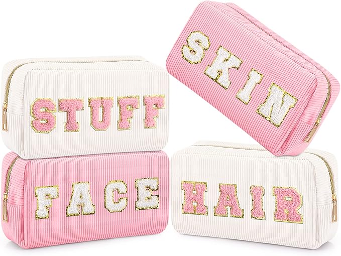 4 Pcs Preppy Patch Makeup Bag Corduroy Cosmetic Bag Makeup Accessories Skincare Pouch Chenille Letter Portable Zipper Face Pouch Cute Toiletry for Women Travel(Pink White Series Color)