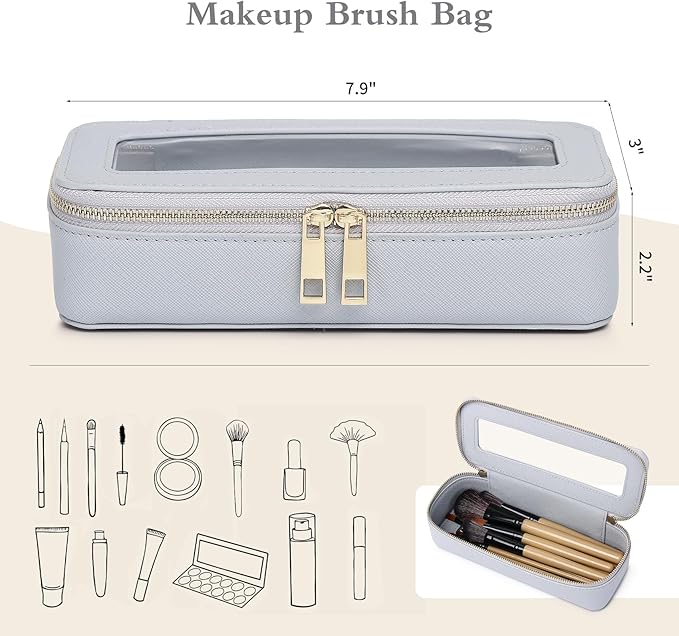 Makeup Brush Case Clear Travel Cosmetic & Toiletry Bag Small Makeup Bag with Zipper Purse Organizer Car Essential Bag for Women (Gray, SLIM)