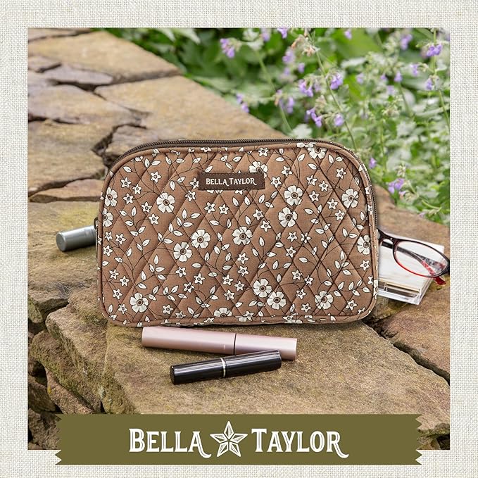 Bella Taylor Large Quilted Cotton Makeup Pouch for Women, Travel Cosmetic Bag, Quilted Cotton Vintage Vine Brown Floral