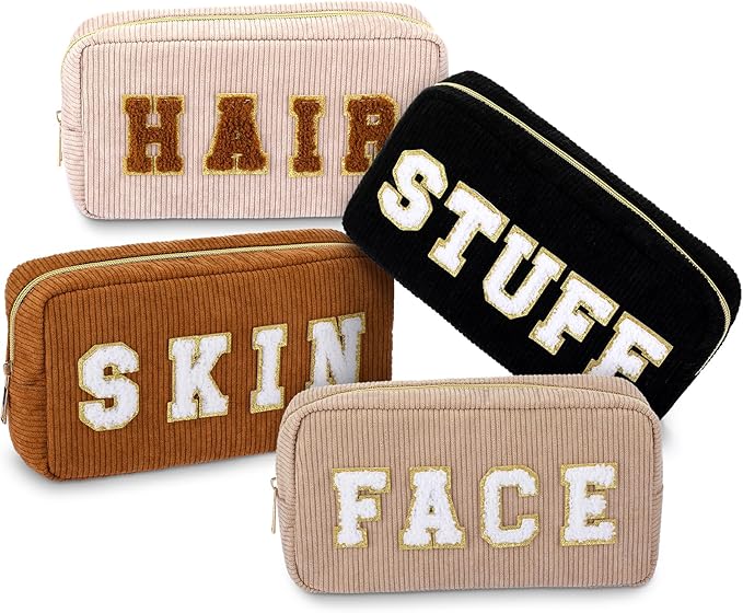 4 Pcs Preppy Patch Makeup Bag Corduroy Cosmetic Bag Makeup Accessories Skincare Pouch Chenille Letter Portable Zipper Face Pouch Cute Toiletry for Women Travel(Dark Color)