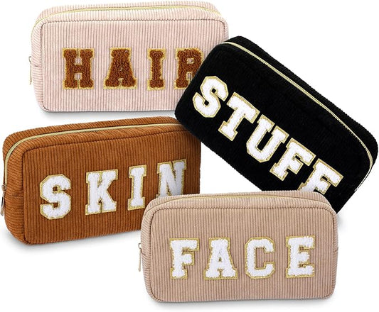 4 Pcs Preppy Patch Makeup Bag Corduroy Cosmetic Bag Makeup Accessories Skincare Pouch Chenille Letter Portable Zipper Face Pouch Cute Toiletry for Women Travel(Dark Color)