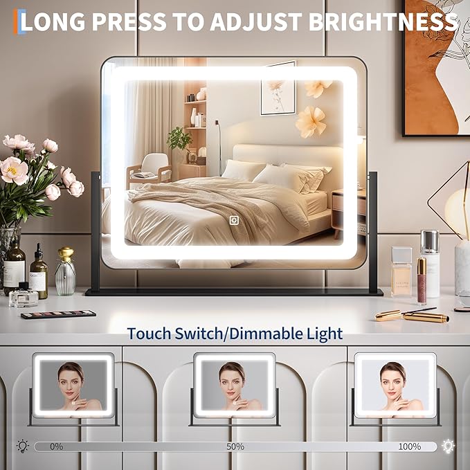 19.6"x15.7" Vanity Mirror with Lights, Large Lighted Mirror, LED Makeup Mirror with 3-Color Dimmable Modes and Smart Touch Control, Perfect for Desk or Bedroom, Vanity Desk Tabletop Makeup, White