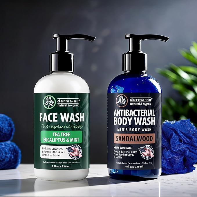 Derma-Nu Men's Body Wash – Bold & Woody Sandalwood Scent Antibacterial Body Wash for Jock Itch, Athlete’s Foot, Eczema & Back Acne – Antibacterial Soap for Men – Safe for All Skin Types – (8oz)