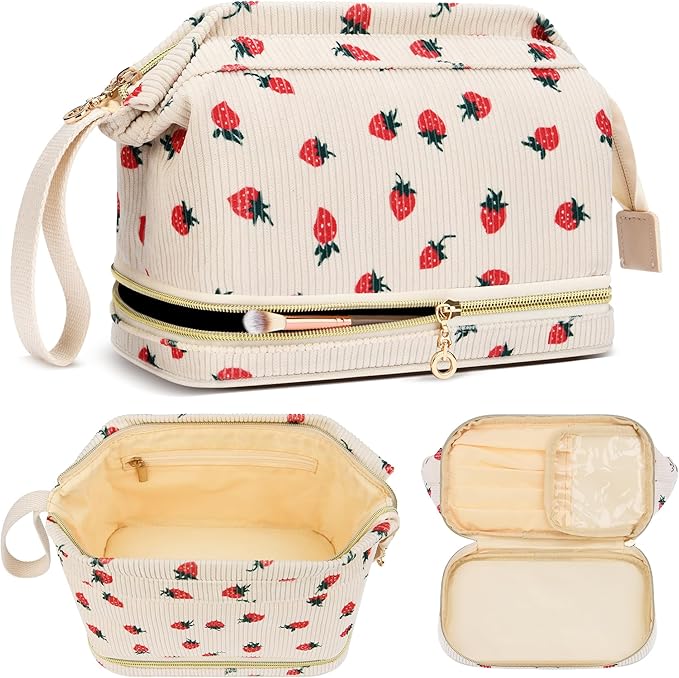Makeup Bag for Women, Large Make Up Bag Corduroy Cosmetic Bag for Girls, Make up Travel Bag Essentials, Strawbery Cute Toiletry Bag for Women Travel Size Toiletries Bag