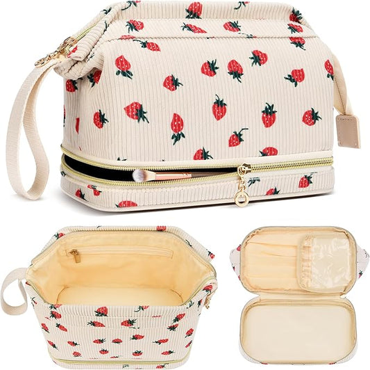 Makeup Bag for Women, Large Make Up Bag Corduroy Cosmetic Bag for Girls, Make up Travel Bag Essentials, Strawbery Cute Toiletry Bag for Women Travel Size Toiletries Bag