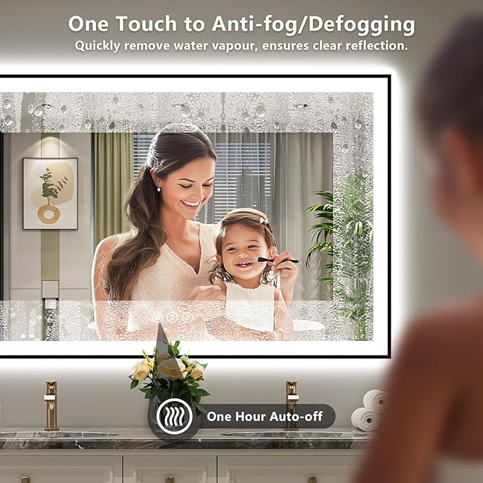 48x32 Inch LED Bathroom Mirror with Lights (Front Lit and Backlit) Black Framed Lighted Vanity Mirror for Bathroom Wall Dimmable Anti-Fog Memory Tempered Glass Horizontal/Vertical