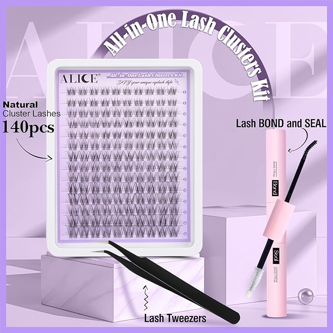 ALICE Lash Clusters Kit Natural Wispy Lash Extension Kit Clear Band Cluster Eyelash Extensions 140pcs 8-16mm Individual Lashes with Lash Glue Bond and Seal and Tweezers DIY at Home