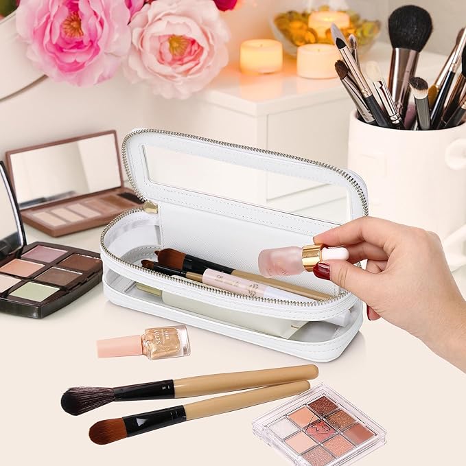 Makeup Brush Case Clear Travel Cosmetic & Toiletry Bag Slim Makeup Bag with Zipper Small Purse Organizer Car Essential Bag for Women (White, SLIM-1)