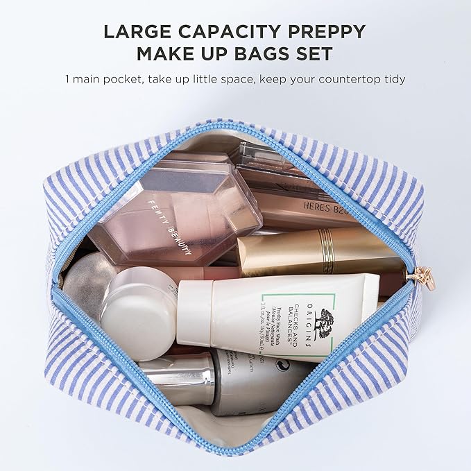 Blue Personalized Initial Makeup Bag Set, Cute Preppy Travel Toiletry Cosmetic Bags, Small Make Up Pouch, Birthday Gifts for Women, Girls, Friends, (M)