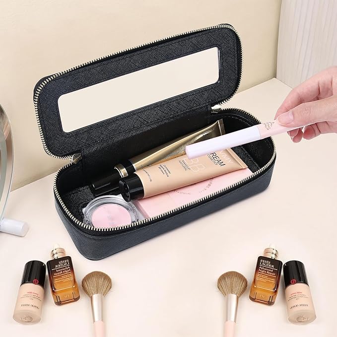 Makeup Brush Case Clear Travel Cosmetic & Toiletry Bag Small Makeup Bag with Zipper Purse Organizer Car Essential Bag for Women (Black, SLIM)