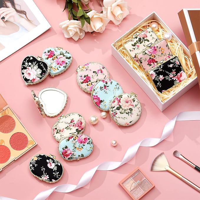 Blulu 16 Pcs Compact Mirror for Purse Small Flower Pocket Mirror Vintage Portable Floral Folding Tea Party Favors Birthday Gifts for Women Wedding Makeup Travel(Gold Edge)