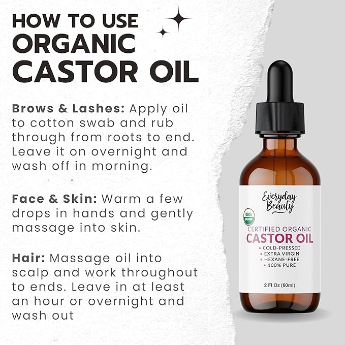 Organic Castor Oil - 100% Pure Certified USDA Organic, Cold Pressed & Hexane-Free, For Eyelashes, Eyebrows, Hair, Skin & Wellness Packs - 2 Fl Oz Glass Bottle & Dropper