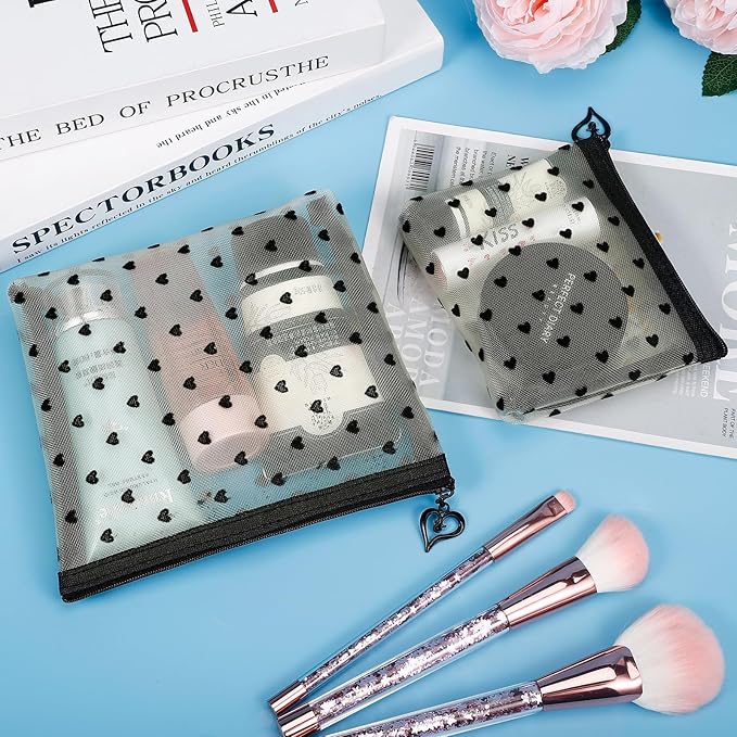 6 Pack Mini Zipper Mesh Makeup Bags, Heart Print Nylon Cosmetic Bags Toiletry Bags for Office Travel Organization (Widened-Beige, S)