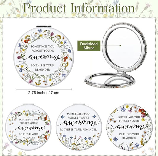Geetery Inspirational Compact Mirror Gifts for Women Bulk Small Flower Makeup Pocket with Card Bag Double Sided Folding Mirror for Purse CNA Week Wedding Return Bridal Shower, 4 Styles(12 Sets)