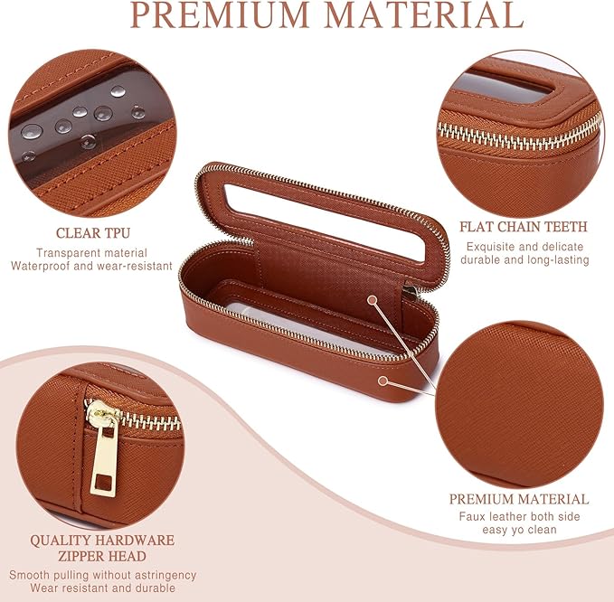 Makeup Brush Case Clear Travel Cosmetic & Toiletry Bag Slim Makeup Bag with Zipper Small Purse Organizer Car Essential Bag for Women (X/Brown, SLIM-3)