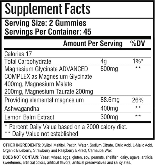 Adndale 180 CT Magnesium Glycinate Gummies 400 mg/Serv, with Ashwagandha, Magnesium Malate & Taurate, Sugar Free Chews for Adults & Kids Relaxation, Stress Relief, Night Rest, Muscle & Cardio Support