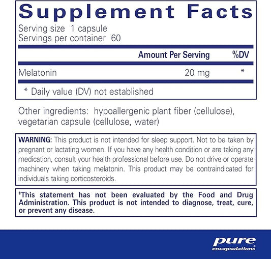 Pure Encapsulations Melatonin 20 mg - Not Intended for Sleep Support - for Immune System & Healthy Cells - 99.5% Purity Melatonin - Gluten Free & Non-GMO - 60 Capsules