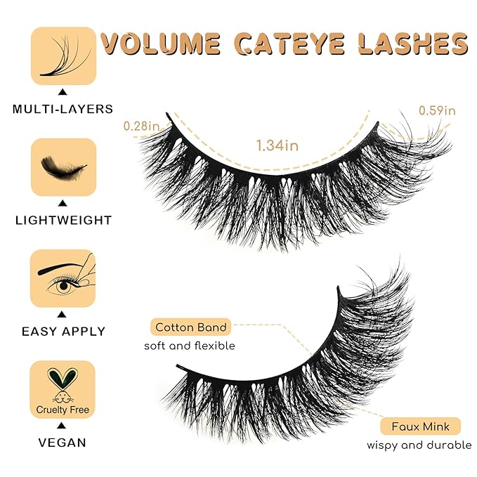 Lashes False Mink Eyelashes 14 Pairs Cat Eye Lashes Volume Fake Eyelash Natural Lash Strips Fluffy Eye Lashes Pack D Curl Short Lashes Natural Look Wispies Cateye Lashes for Women