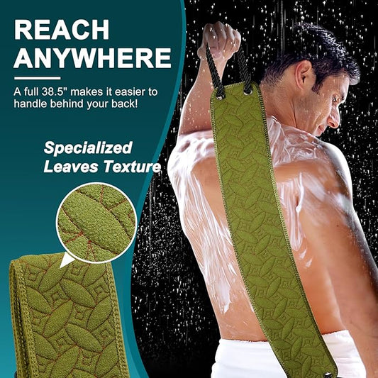 Exfoliating Back Scrubber for Use in Shower, 38.5 Inch Back Washer with Handles, Dual-Sided Body Exfoliator for Daily & Deep Skin Cleaning, Bath Back Scrub Washcloth for Men & Women (Green)