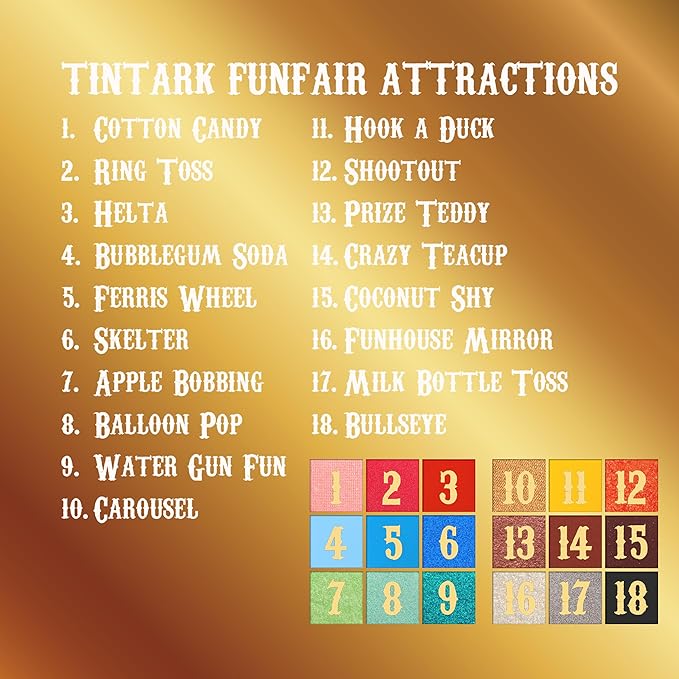 18 Color Funfair Eyeshadow Palette, Carnival Party Eyeshadows, Gold Slivery Black White Yellow Orange Brown Bronzer Red Blue Purple Green Eye Shadow Palettes, Glitter Matte Shimmer