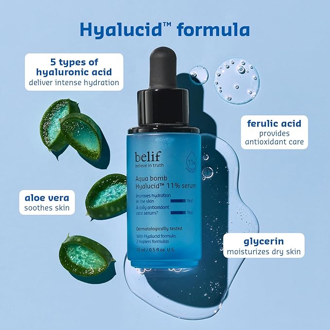 belif Aqua Bomb Hydrating Hyalucid™ 11% Serum, 5 Types of Hyaluronic Acid, Good for Dryness, Dullness, Loss of Firmness & Elasticity, Glycerin, For All Skin Types, Korean Skin Care