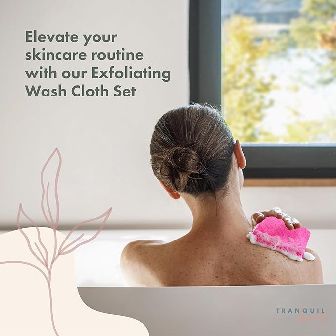 TranquilBeauty Exfoliating Towel Set of 3 - Soft, Quick-Dry Scrub Towels for Body (Not for Face) | Deep Cleanse | Machine Washable | Korean Exfoliating Cloth | 36x12 Inches - Green, Blue, Pink