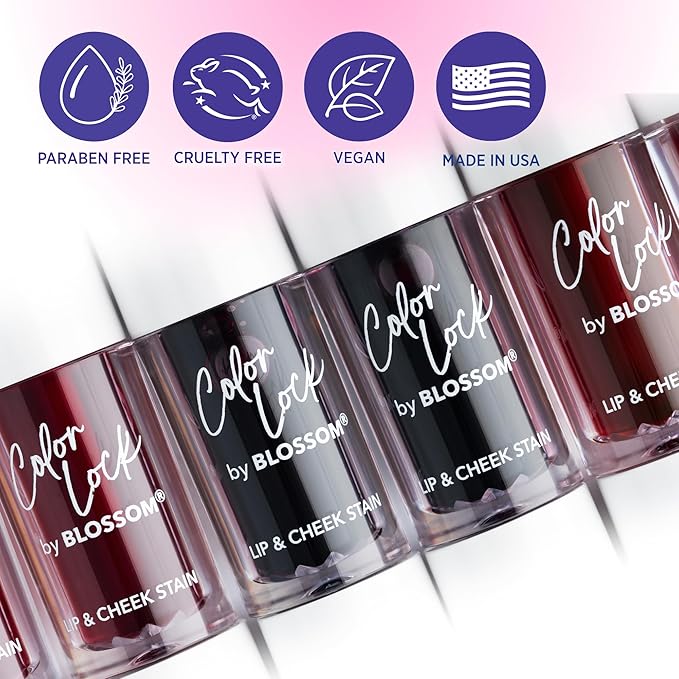 Blossom Lip Gloss Color Lock Lip Stain & Tint, Hydrating, Longlasting, Buildable, Non Drying, Smudgeproof + Transfer Proof, Made in USA with Doe Foot Applicator, 0.14oz, Blooming Rose