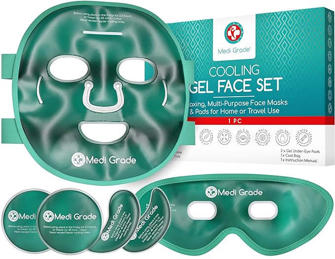 Medi Grade Cooling Ice Face Mask and Cooling Eye Mask for Puffy Eyes & Migraine Relief - Self Care Face Ice Pack with ChillGel Face Ice Mask Technology - Cooling Face Mask, Eye Pads and Bag