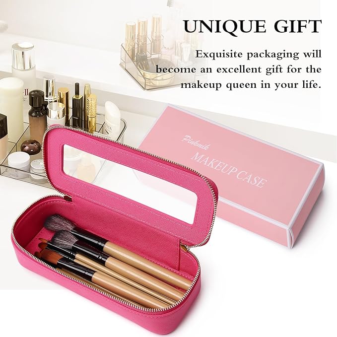 Makeup Brush Case Clear Travel Cosmetic & Toiletry Bag Small Makeup Bag with Zipper Purse Organizer Car Essential Bag for Women (X/Fuxia, SLIM)