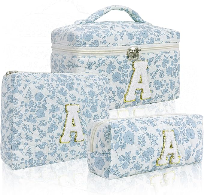3 Pcs Travel Initial Quilted Makeup Bag set, Toiletry Personalized Floral Makeup Bag Birthday Gifts for teens girls and women, Cosmetic bags makeup organizer bag set-A