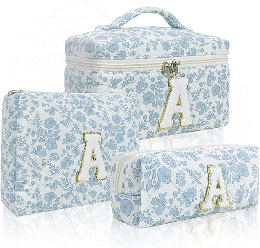 3 Pcs Travel Initial Quilted Makeup Bag set, Toiletry Personalized Floral Makeup Bag Birthday Gifts for teens girls and women, Cosmetic bags makeup organizer bag set-A