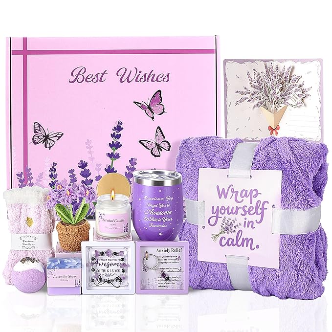 Birthday Gifts for Women Self Care Gifts Set, Lavender Spa Gift Basket Care Package Get Well Gifts for Women Purple Christmas Gifts Box,Unique Gift Idea for Mon Her Sister Best friend Coworker