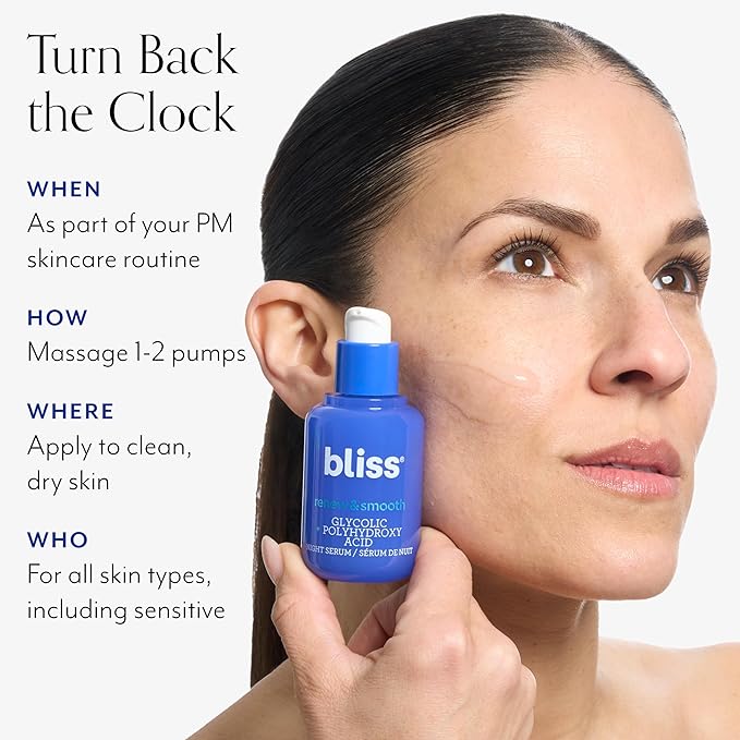 Bliss Renew & Smooth Glycolic Acid Night Serum | 8.5% AHA + PHA Complex for Texture, Glow & Radiance | Gentle Daily Exfoliating Treatment for Smoother, Brighter Skin | Vegan & Cruelty-Free | 1 fl oz