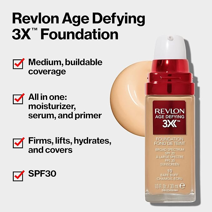 Revlon Age Defying 3X Makeup Foundation, Firming, Lifting and Anti-Aging Medium, Buildable Coverage with Natural Finish SPF 20, 060 Golden Beige, 1 fl oz