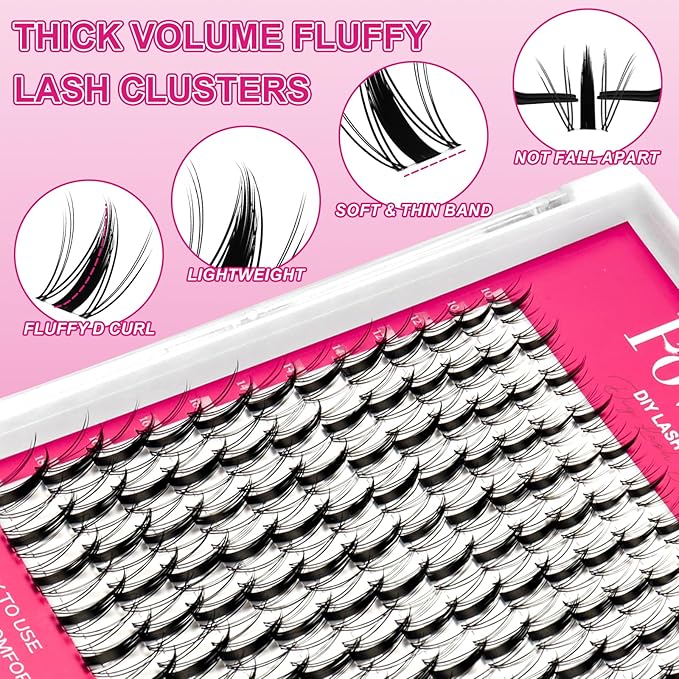 Fairy Lash Clusters Kit Fluffy Individual Lashes D Curl Cluster Eyelash Extensions 10-18mm DIY Lash Extension Kit Lash Bond and Seal Waterproof, Lash Applicator, Fairy-Kit