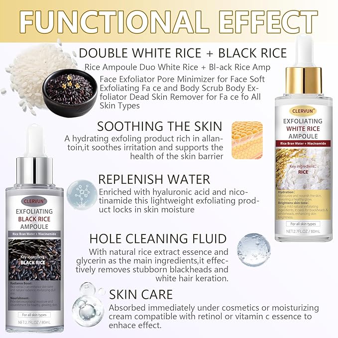 Black And White Rice Exfoliant Set, Facial Peels, 2PCS White + Black Rice exfoliator Peeling Ampoule, Soft Exfoliating Face and Body Scrub Dead Skin Cells Remover for All Skin Types Deep Hydration